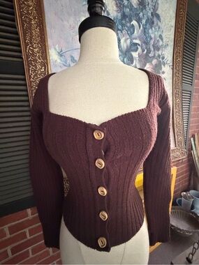 bebe Deep Brown Ribbed Scoop Neck Button-Up Sweater